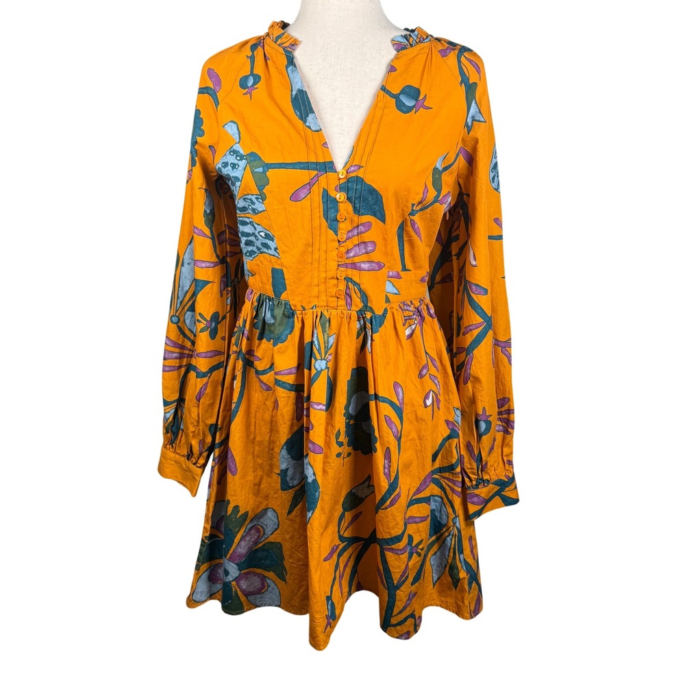 Anthro La Tene Mini Dress Women S Orange Cotton Boho Botanical Floral Long Slv